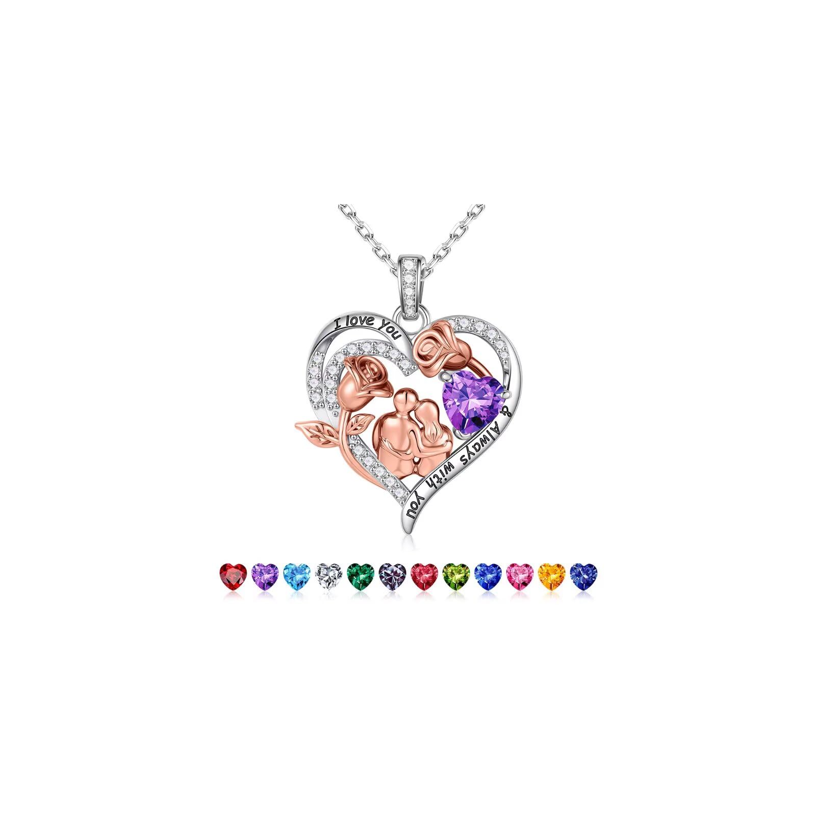 Rose Heart Birthstone Necklace for Women, Anniversary Birthday Gift for Wife Girlfriend Mom, I Love You Gifts, Jewelry for Women