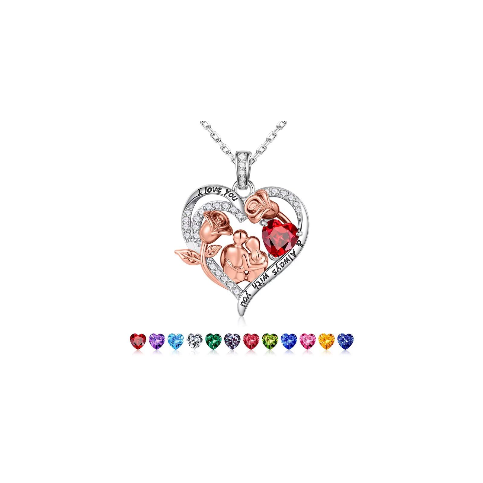 Rose Heart Birthstone Necklace for Women, Anniversary Birthday Gift for Wife Girlfriend Mom, I Love You Gifts, Jewelry for Women