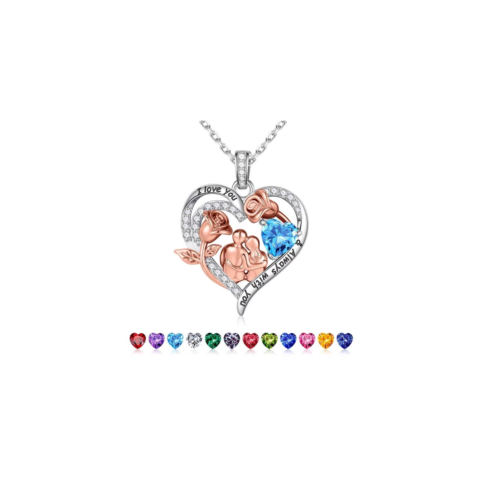 Rose Heart Birthstone Necklace for Women, Anniversary Birthday Gift for Wife Girlfriend Mom, I Love You Gifts, Jewelry for Women