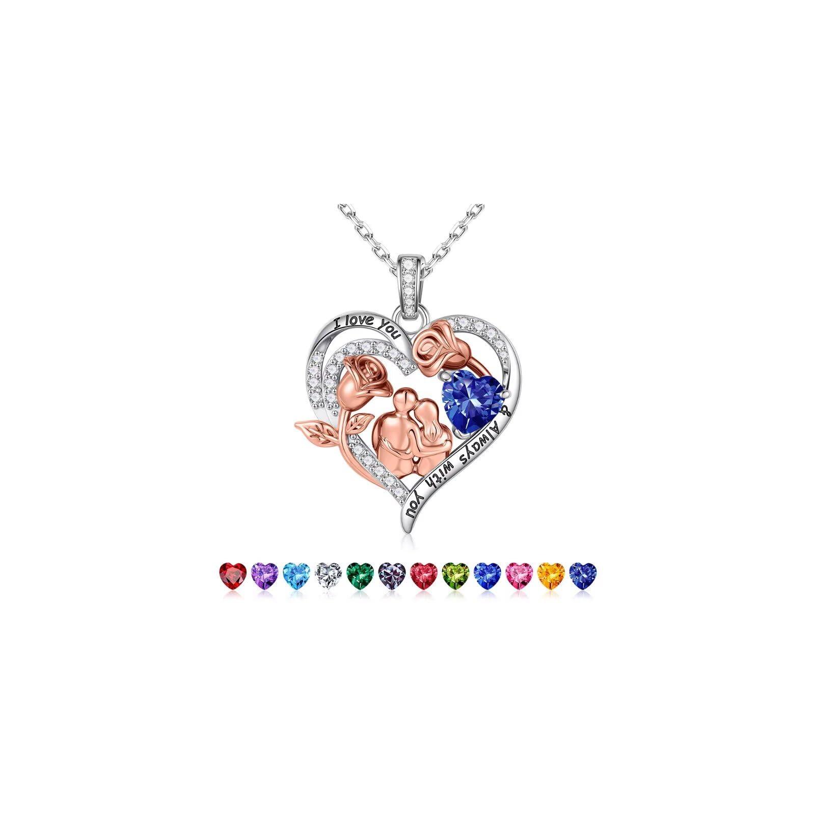 Rose Heart Birthstone Necklace for Women, Anniversary Birthday Gift for Wife Girlfriend Mom, I Love You Gifts, Jewelry for Women