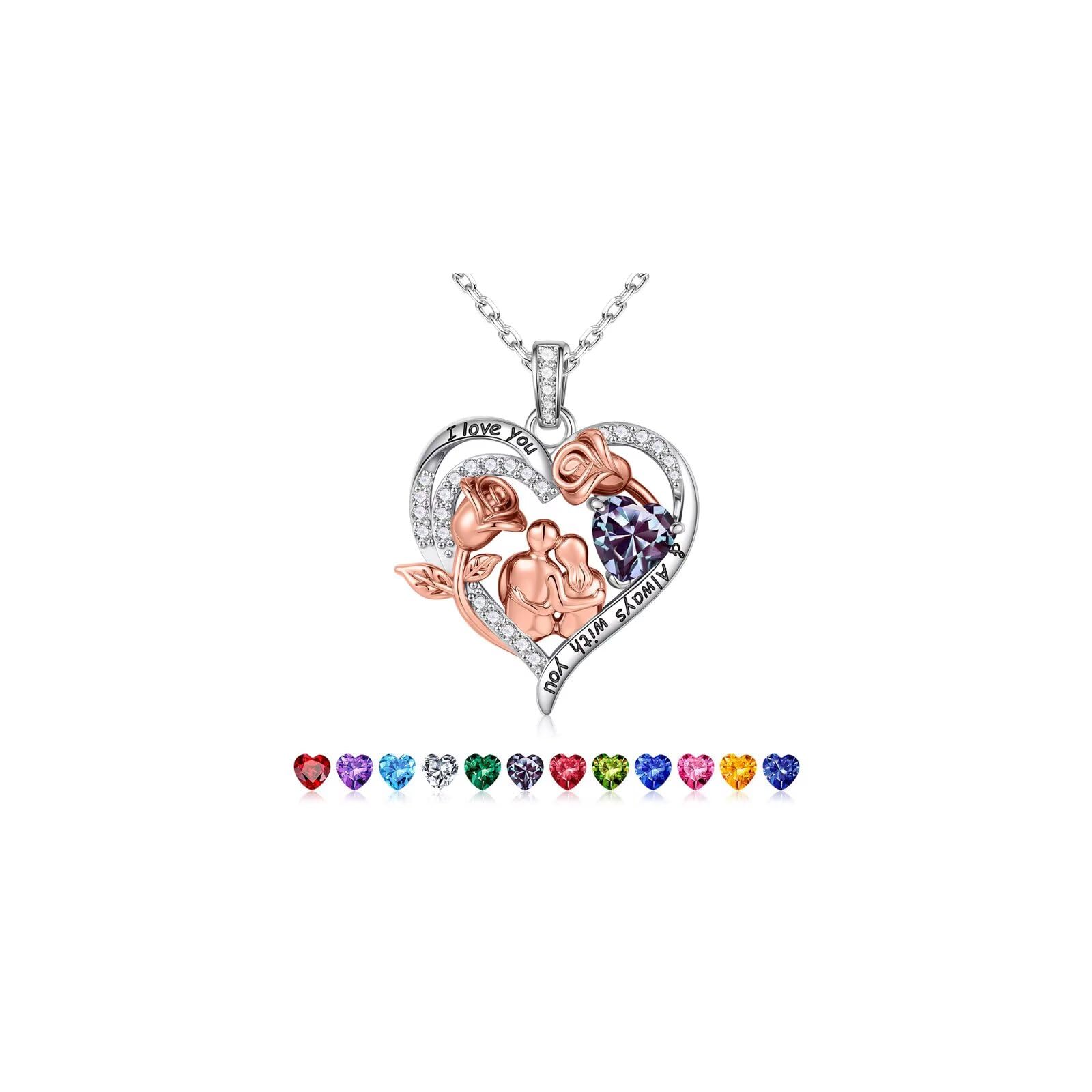 Rose Heart Birthstone Necklace for Women, Anniversary Birthday Gift for Wife Girlfriend Mom, I Love You Gifts, Jewelry for Women