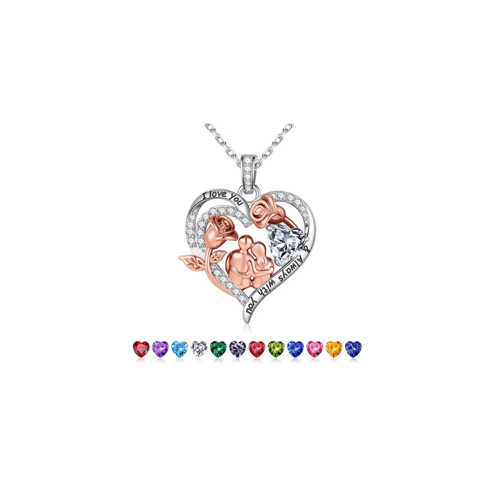 Rose Heart Birthstone Necklace for Women, Anniversary Birthday Gift for Wife Girlfriend Mom, I Love You Gifts, Jewelry for Women