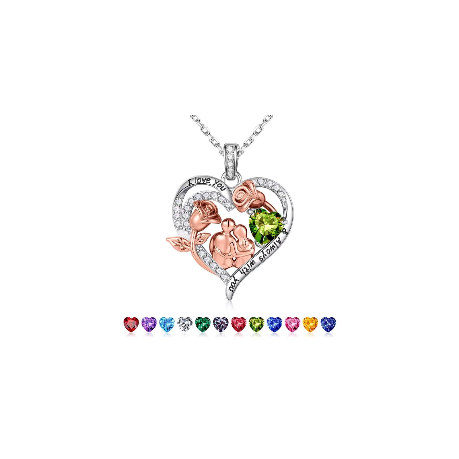 Rose Heart Birthstone Necklace for Women, Anniversary Birthday Gift for Wife Girlfriend Mom, I Love You Gifts, Jewelry for Women