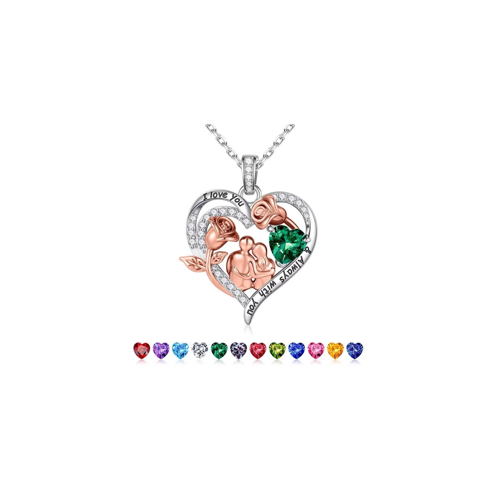 Rose Heart Birthstone Necklace for Women, Anniversary Birthday Gift for Wife Girlfriend Mom, I Love You Gifts, Jewelry for Women