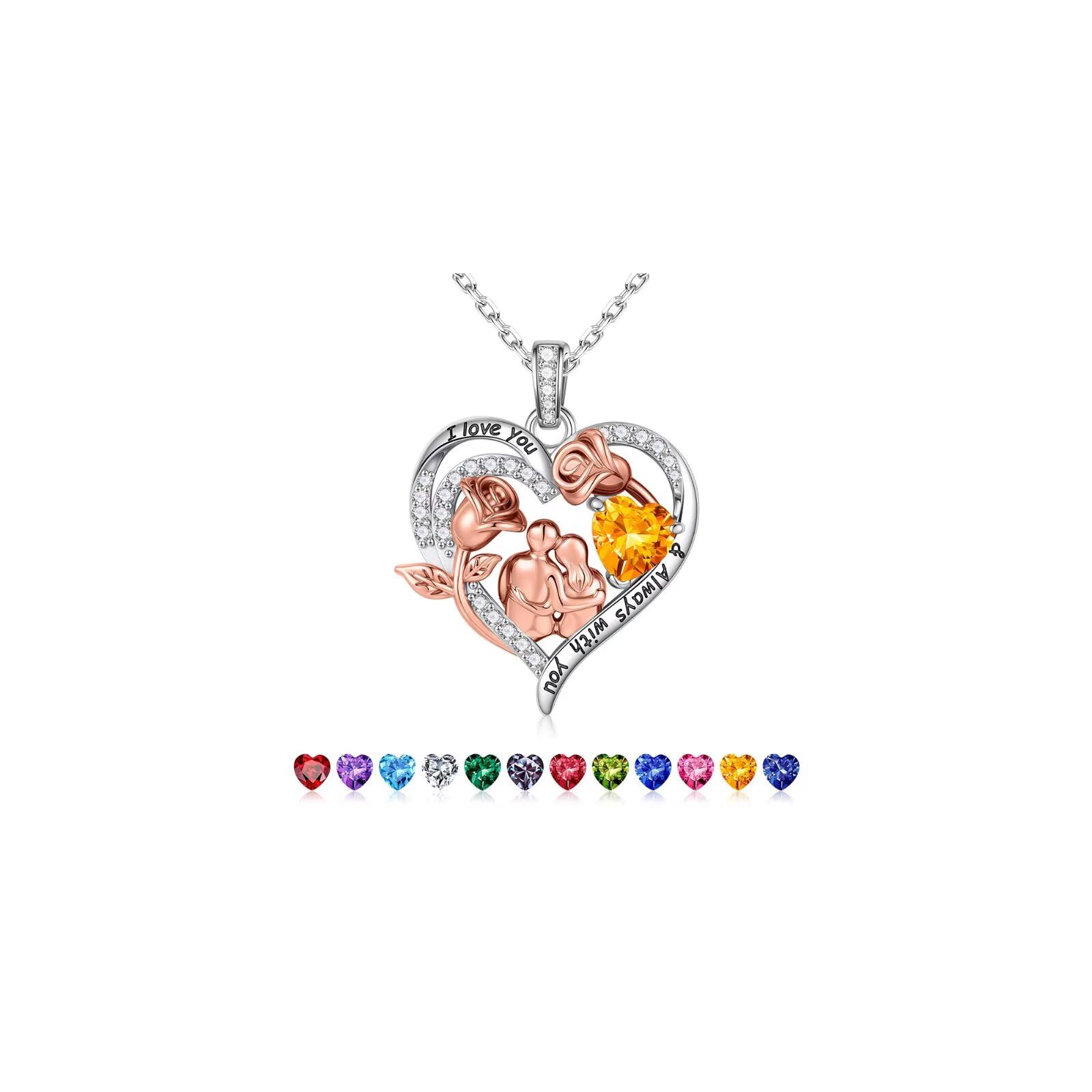 Rose Heart Birthstone Necklace for Women, Anniversary Birthday Gift for Wife Girlfriend Mom, I Love You Gifts, Jewelry for Women