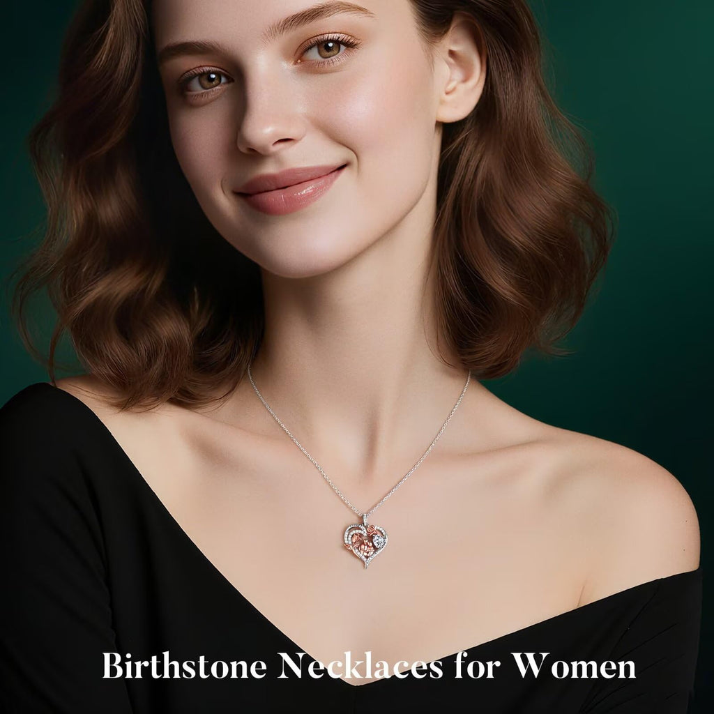Rose Heart Birthstone Necklace for Women, Anniversary Birthday Gift for Wife Girlfriend Mom, I Love You Gifts, Jewelry for Women