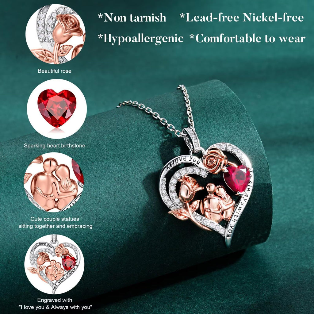 Rose Heart Birthstone Necklace for Women, Anniversary Birthday Gift for Wife Girlfriend Mom, I Love You Gifts, Jewelry for Women